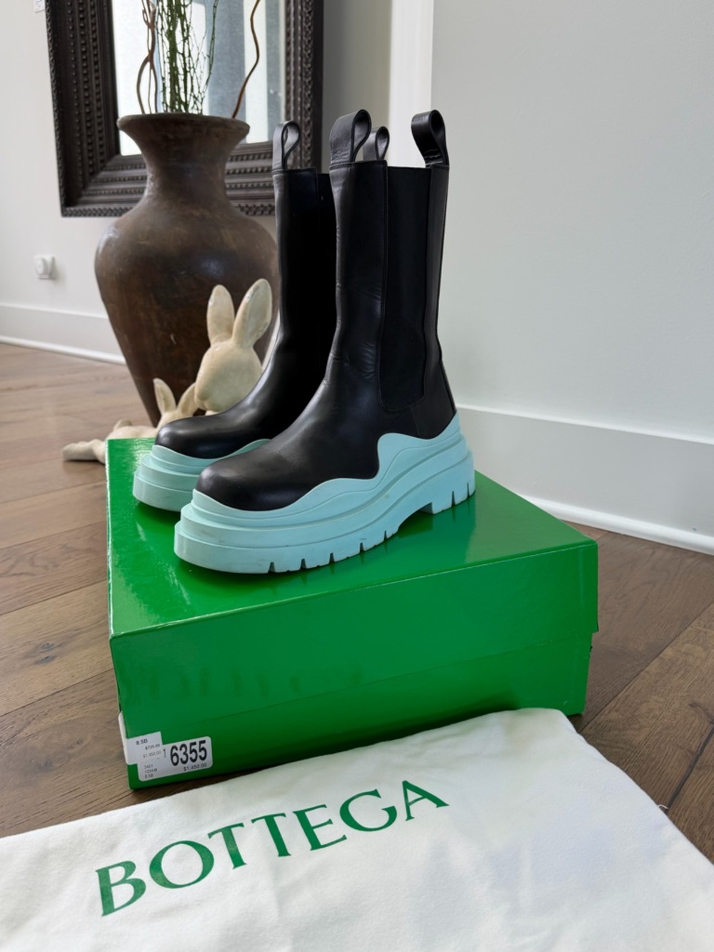 Bottega Veneta Black Leather Lace-Up Platform Boots with Mint Platform